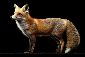Fototapeta premium Fox standing on a black background. Animal side portrait.