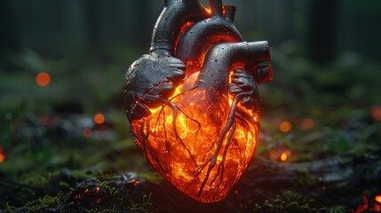 Naklejka premium Fiery Heart in the Forest: A Surreal Digital Art