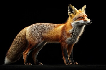 Fototapeta premium Fox standing on a black background. Animal side portrait.
