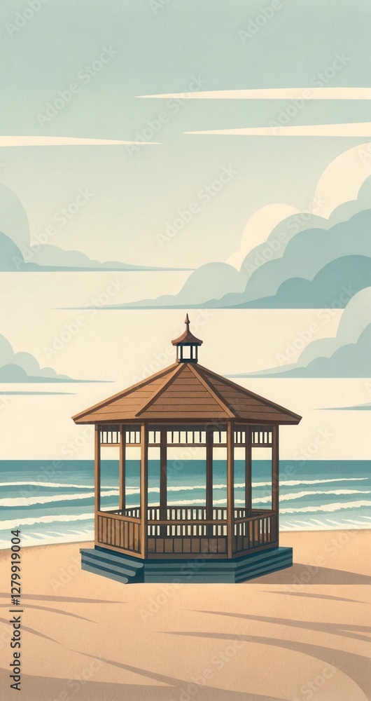 Poster Relaxing Gazebo on the Beach Under Soft Clouds With Gentle Waves. Generative AI