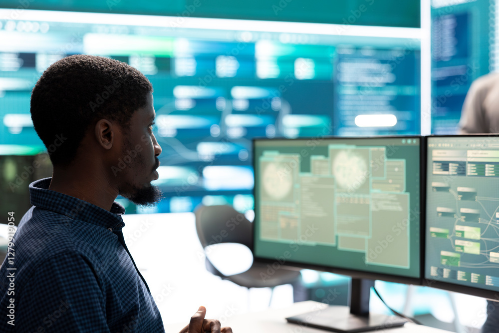 Poster cyber intelligence group of experts in a governmental hacking room implementing ways to protect stat