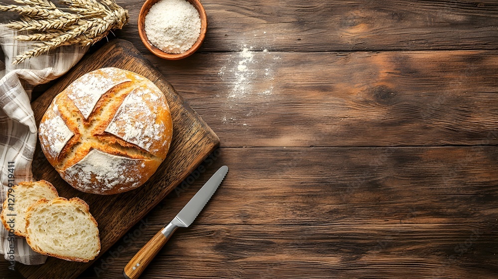 Poster freshly baked irish soda bread resting on a rustic wooden cutting board with a knife beside it ready