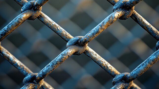 The rusted metal security fence shows a diagonal abstract pattern