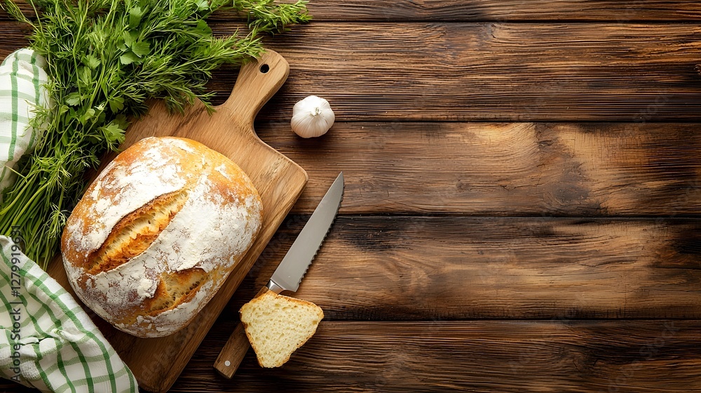Poster Freshly baked Irish soda bread resting on a rustic wooden cutting board with a knife beside it leaving the right side open for copy space  The image captures the authentic