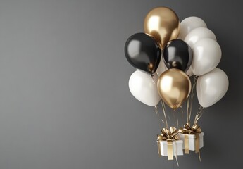 Elegant Black, White, and Gold Balloons with Gift Boxes for Celebratory Occasions and Special Events Displayed on a Gray Background
