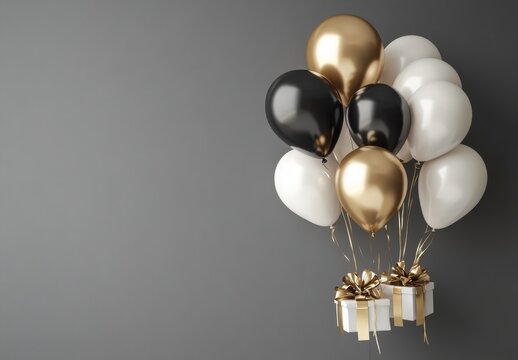 Elegant Black, White, and Gold Balloons with Gift Boxes for Celebratory Occasions and Special Events Displayed on a Gray Background