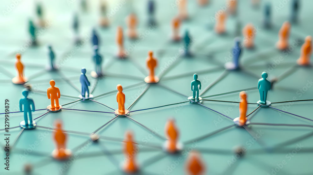 Poster vibrant network: colorful figures linked in dynamic social web