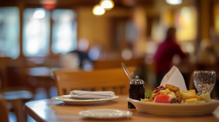 Fototapeta premium Restaurant interior, table with food, blurred background, dining scene