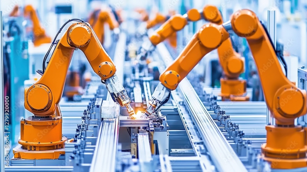 Poster automated robotic arms working on an assembly line in a modern factory, showcasing advanced industri