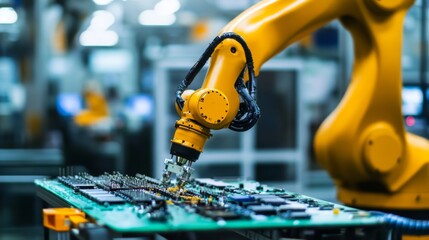 Robotic arm assembling circuit board in factory