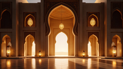 Majestic Islamic Archway with Glowing Lanterns and Golden Light Creating Serene Ramadan Atmosphere