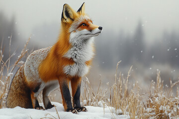 Fox standing in a natural landscape. Animal side portrait.