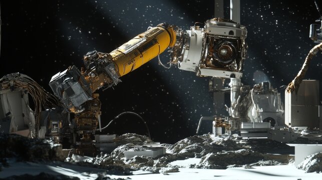 Robotic Arm Collecting Lunar Regolith Near Lander with Earth Rising ...