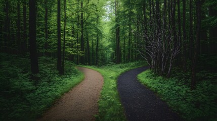Fototapeta premium Serene Forest Pathways Amidst Lush Greenery Offering Tranquil Choices in Nature's Embrace
