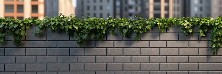 Lush green ivy hangs over a gray brick wall, providing a touch of nature against the backdrop of blurred urban buildings, creating a peaceful contrast between natural and man made elements