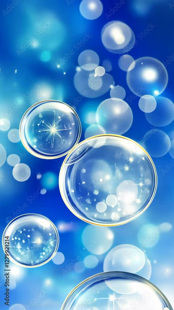 Poster bubbles float gracefully in a luminous blue background, creating a serene and enchanting atmosphere