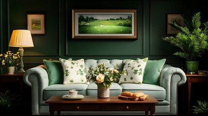 Cozy and inviting Irish living room decorated for the festive St  Patrick s Day vibrant green and gold accents a well lit area on the wall and a comfortable stylish interior design