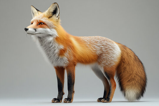 Fox standing on a white background. Animal side portrait.