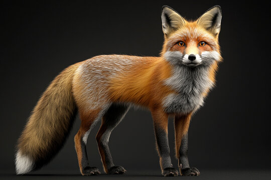 Fox standing on a black background. Animal side portrait.