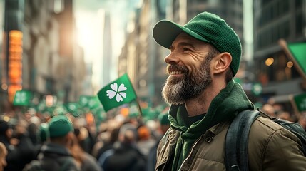 Fototapeta premium A vibrant and lively St Patrick s Day street festival with a crowd of people dressed in green waving Irish flags and creating a festive and energetic atmosphere