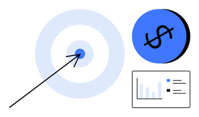 Arrow hitting the center of a target, blue dollar coin, bar chart with data points. Ideal for business strategy, financial goals, market analysis, performance tracking, investment, success metrics