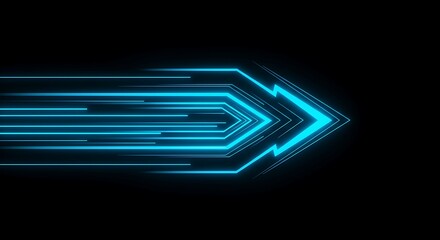 A vibrant blue arrow, composed of dynamic light streaks, points right against a stark black background. It evokes speed, progress, and futuristic technology.