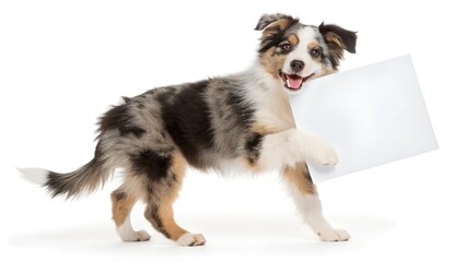 Fototapeta premium Adorable Aussie Puppy Holding Blank Sign, White Background