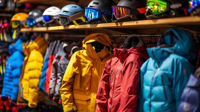 A display of colorful winter sports gear, including jackets, gloves, and helmets, in a mountain shop.

