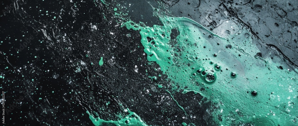 Poster bright green liquid splashes across a dark surface creating a striking visual effect