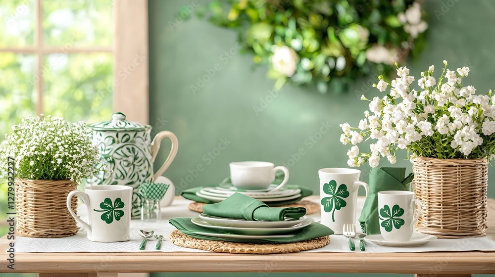 Poster beautifully set irish themed table with green napkins ready for a festive meal the open space on the