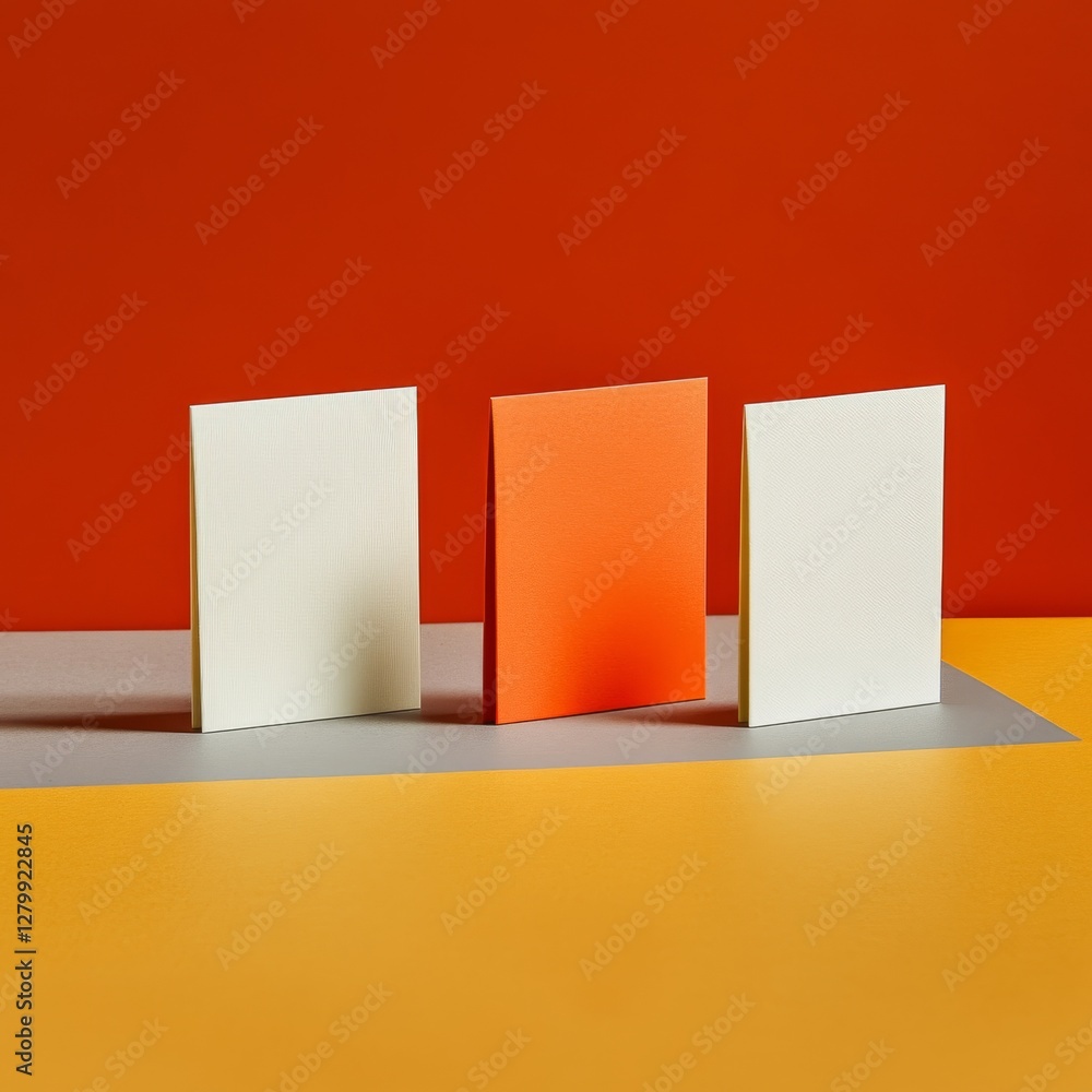 Poster abstract color composition: three square blocks in a minimalist still life with orange and yellow