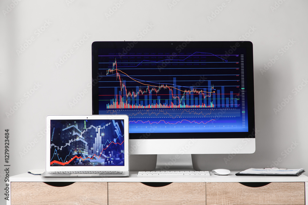 Aufkleber laptop and computer monitor with diagrams of exchange rates on table in trader's office