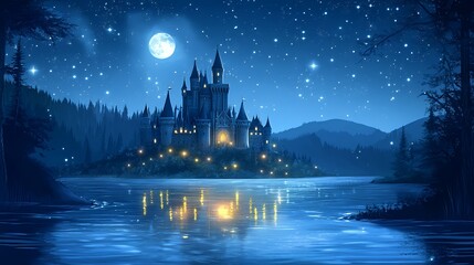 Fototapeta premium Enchanting Castle by Moonlight Lake Under Starry Night Sky