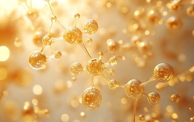Abstract molecular structure, golden, light background, scientific, education