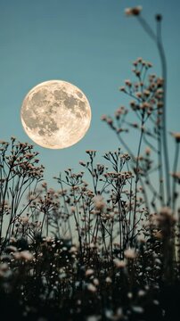 Low-angle video shot of wildflowers silhouetted against a large, glowing full moon in a serene night sky, creating a tranquil, dreamy atmosphere. Mobile wallpaper ratio.