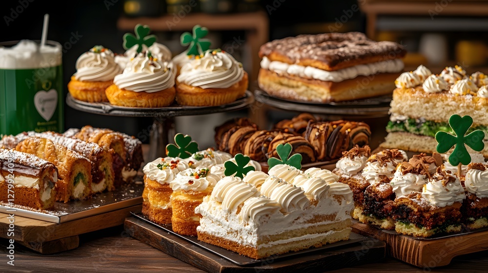 Poster photograph of an inviting irish bakery displaying an array of st patrick s day themed pastries and d