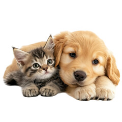 Obraz premium Adorable puppy and kitten cuddling together on a soft surface