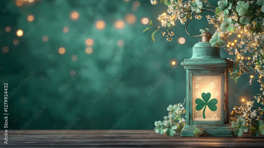 Poster glowing lantern with shamrock design set against dark background filled with twinkling bokeh lights 