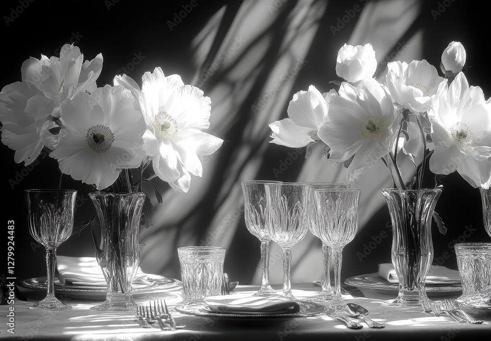 Poster elegant table setting with white flowers in glass vases and soft light creating a timeless dining ex