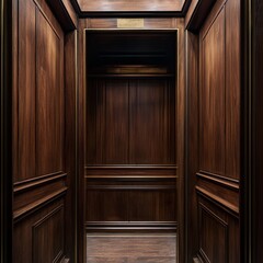 Fototapeta premium Elegant Wood-Paneled Elevator Interior with Decorative Trim and Refined Detailing, Offering a Sense of Timeless Luxury.