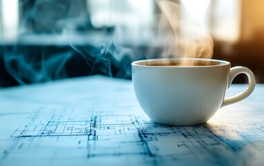 Coffee cup on blueprints, morning light