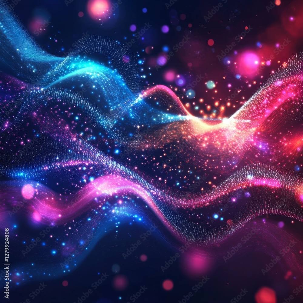 Poster Glowing Abstract Waves with Sparkling Particles and Bokeh, Capturing the Magic of the Cosmos