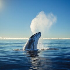 Humpback Whale Breaching Majestic Ocean, Spraying Water into the Clear Blue Sky on a Sunny Day