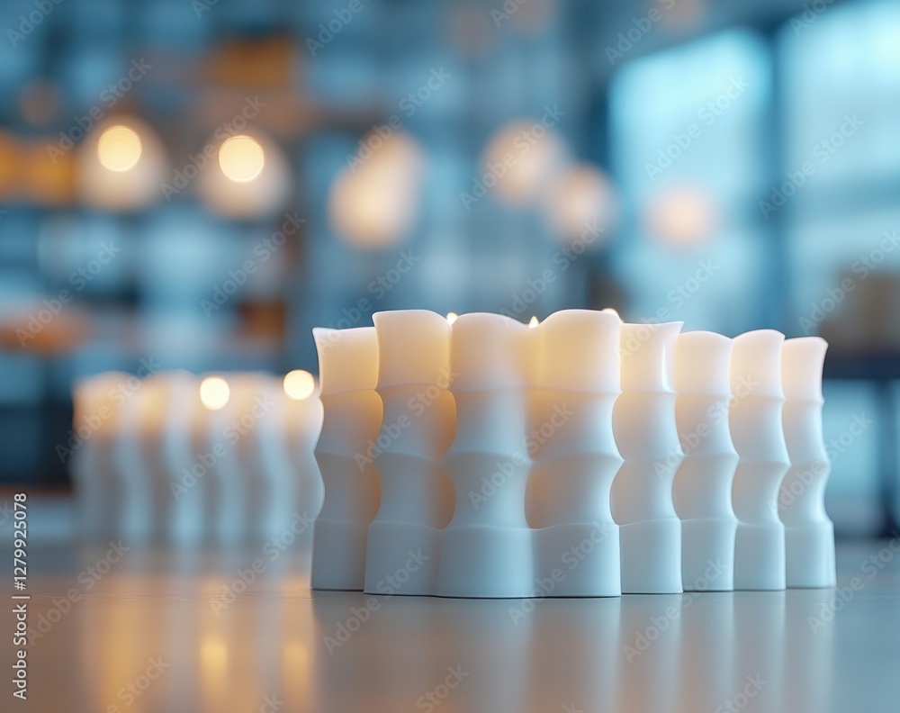 Poster elegant white candles arranged in a modern setting with soft glowing light creating a calming atmosp