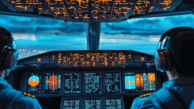 Pilots navigating through a night sky with illuminated cockpit controls and city lights in the distance