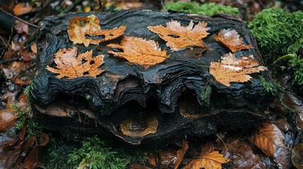 Obraz premium Autumn leaves on dark forest rock, mossy ground. Nature background for website