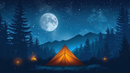 Night Camping Under the Full Moon in the Mountains