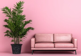 Fototapeta premium Minimalist Pink Living Room Interior Design With Potted Plant And