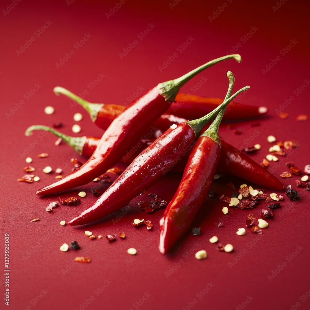 Poster Fresh red chili peppers on red background with dried flakes