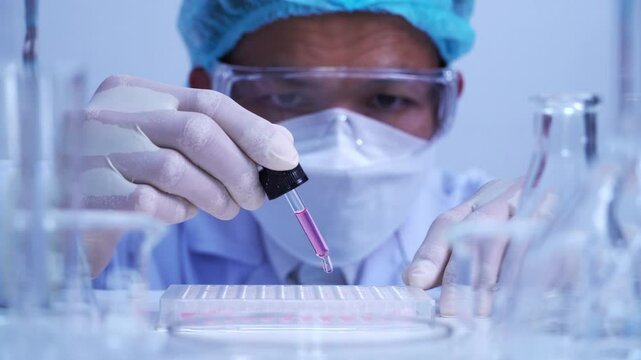 scientist dropping biochemical solution in to microplate for DNA analysis.